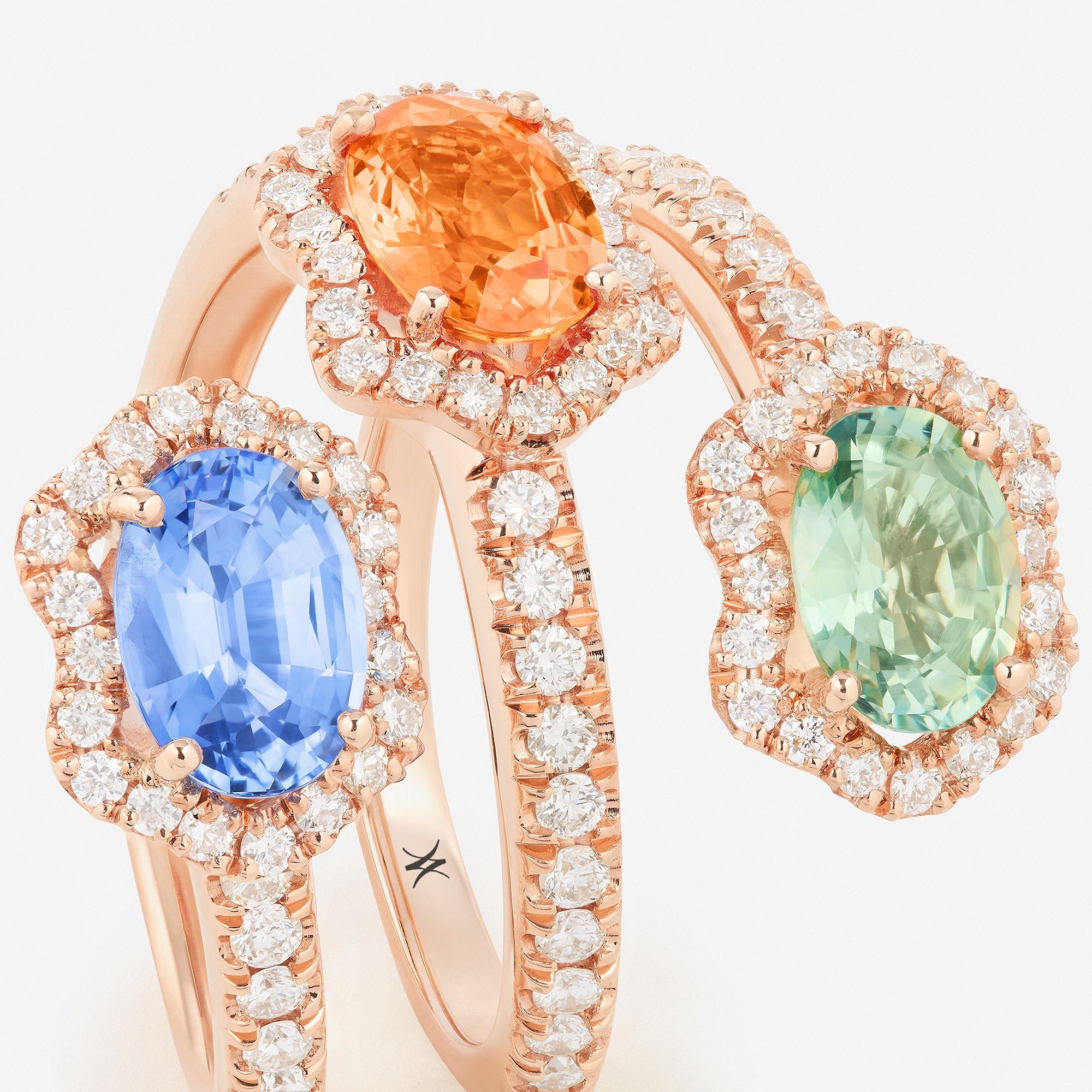 Saphires orange, vert et bleu ovales | Or rose 750 ‰