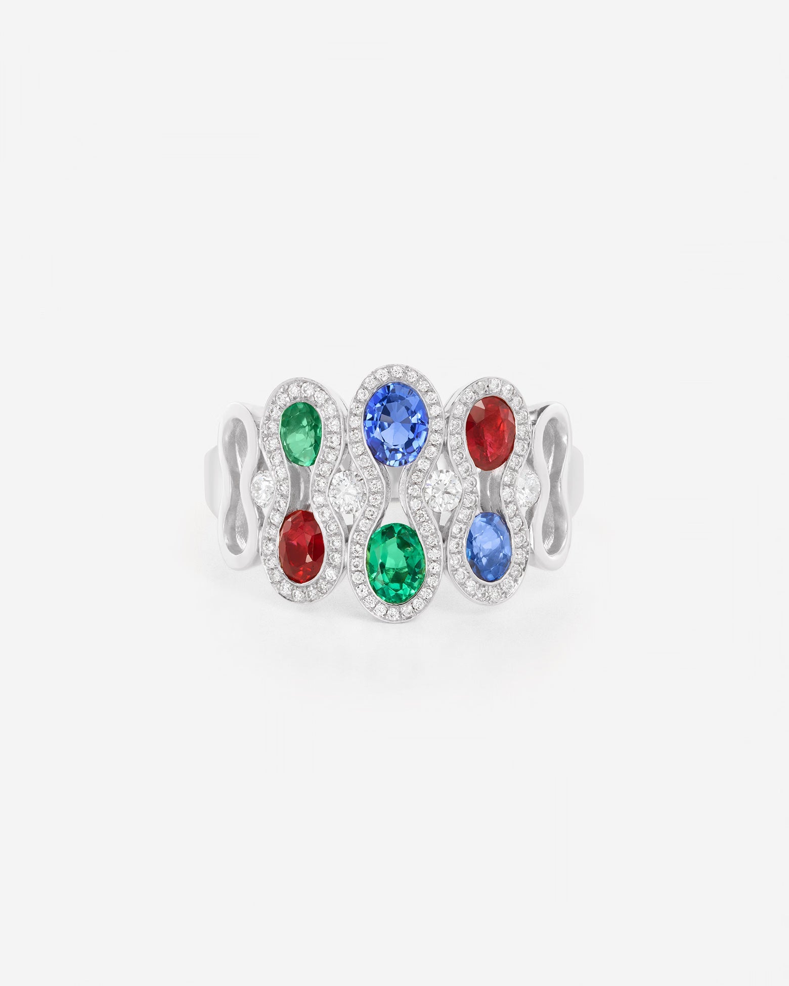 Saphirs bleu, Emeraudes, Rubis et Diamants | Or blanc 750 ‰