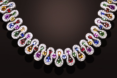 Collier or blanc saphirs multicolores